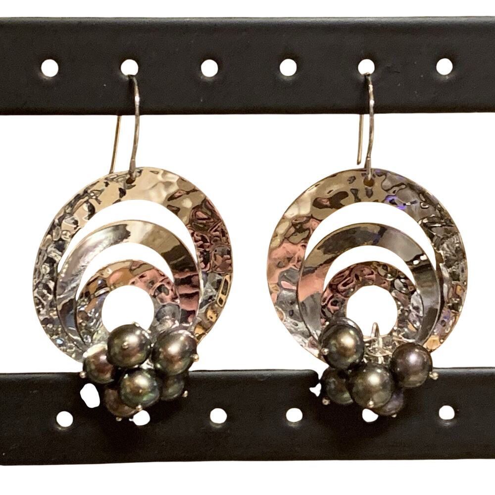 14K White Gold and Freshwater Pearl Earrings Cosmic Mod Kinetic Orbital Dangle